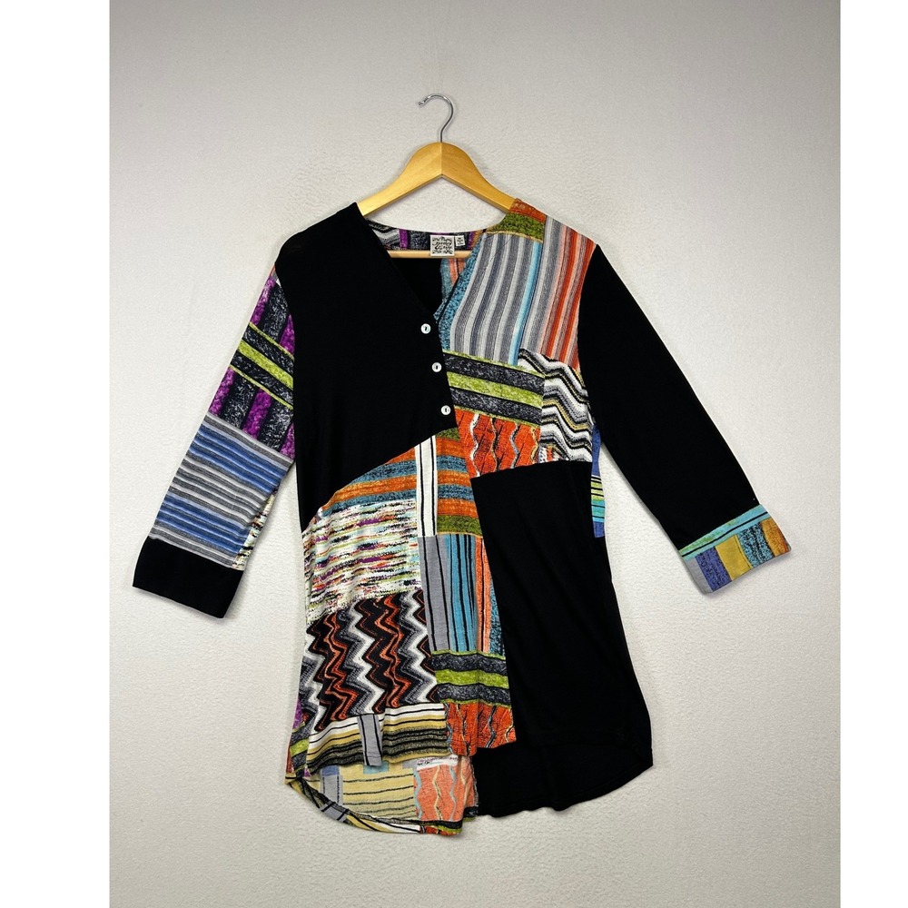 Artsy Boho Parsley & Sage Womens Med Multicolor Patchwork 3/4 Sleeve Tunic Top